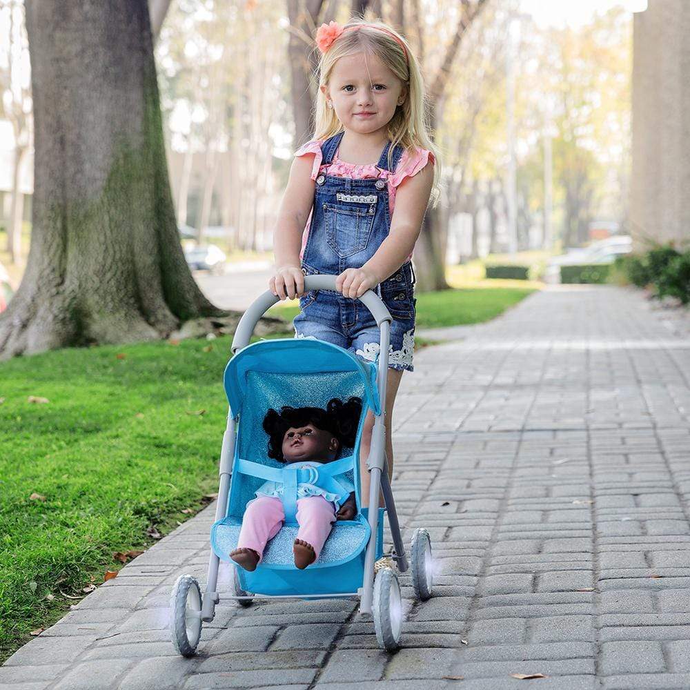 Glittery Baby Doll Stroller with Light-Up Wheels & Medium Shade - Blue Glam - Adora