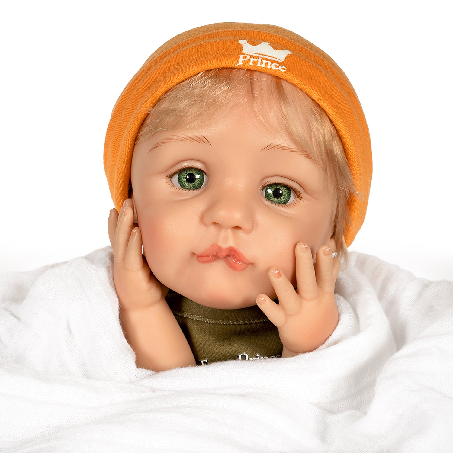 Frog Prince Realistic Blonde Boy Baby Doll with orange 'Prince' hat with a white crown