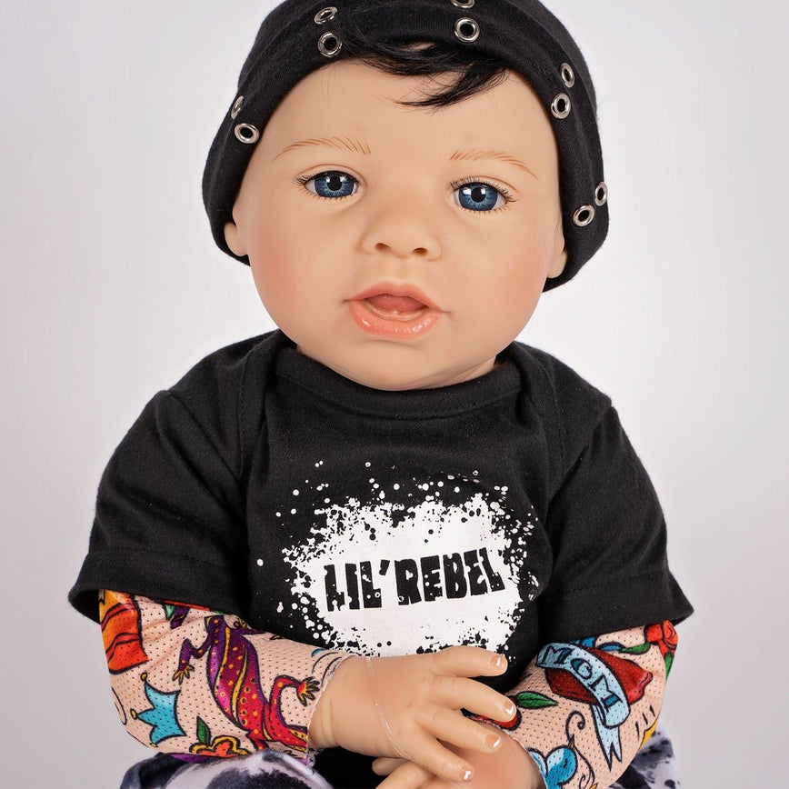 Paradise Galleries Reborn Toddler Boy Doll Lil' Rebel, 21 inch with Black Rooted Hair and Blue Eyes, Made in GentleTouch Vinyl