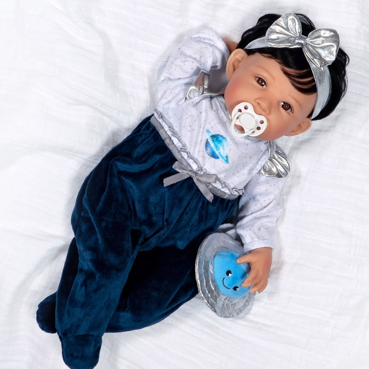 Paradise Galleries Galaxia - Realistic Toddler Doll in an out of this world space girl ensemble! 21 Inch Reborn Doll in GentleTouch Vinyl by Reborn Artist, Jannie De Lange.