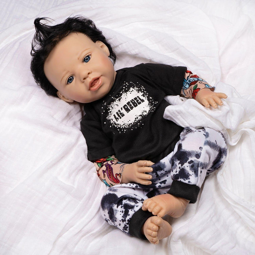 Paradise Galleries Reborn Toddler Boy Doll Lil' Rebel, 21 inch with Black Rooted Hair and Blue Eyes, Made in GentleTouch Vinyl