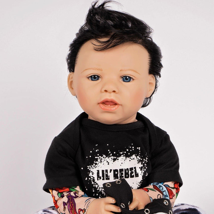 Paradise Galleries Reborn Toddler Boy Doll Lil' Rebel, 21 inch with Black Rooted Hair and Blue Eyes, Made in GentleTouch Vinyl