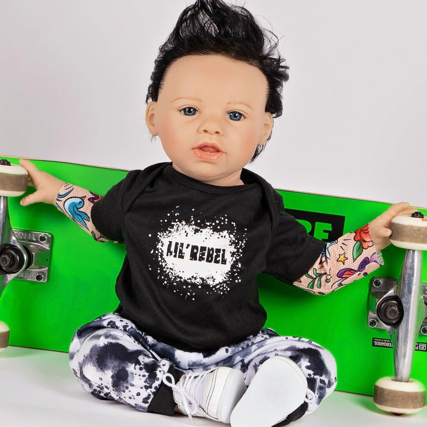 Paradise Galleries Reborn Toddler Boy Doll Lil' Rebel, 21 inch with Black Rooted Hair and Blue Eyes, Made in GentleTouch Vinyl